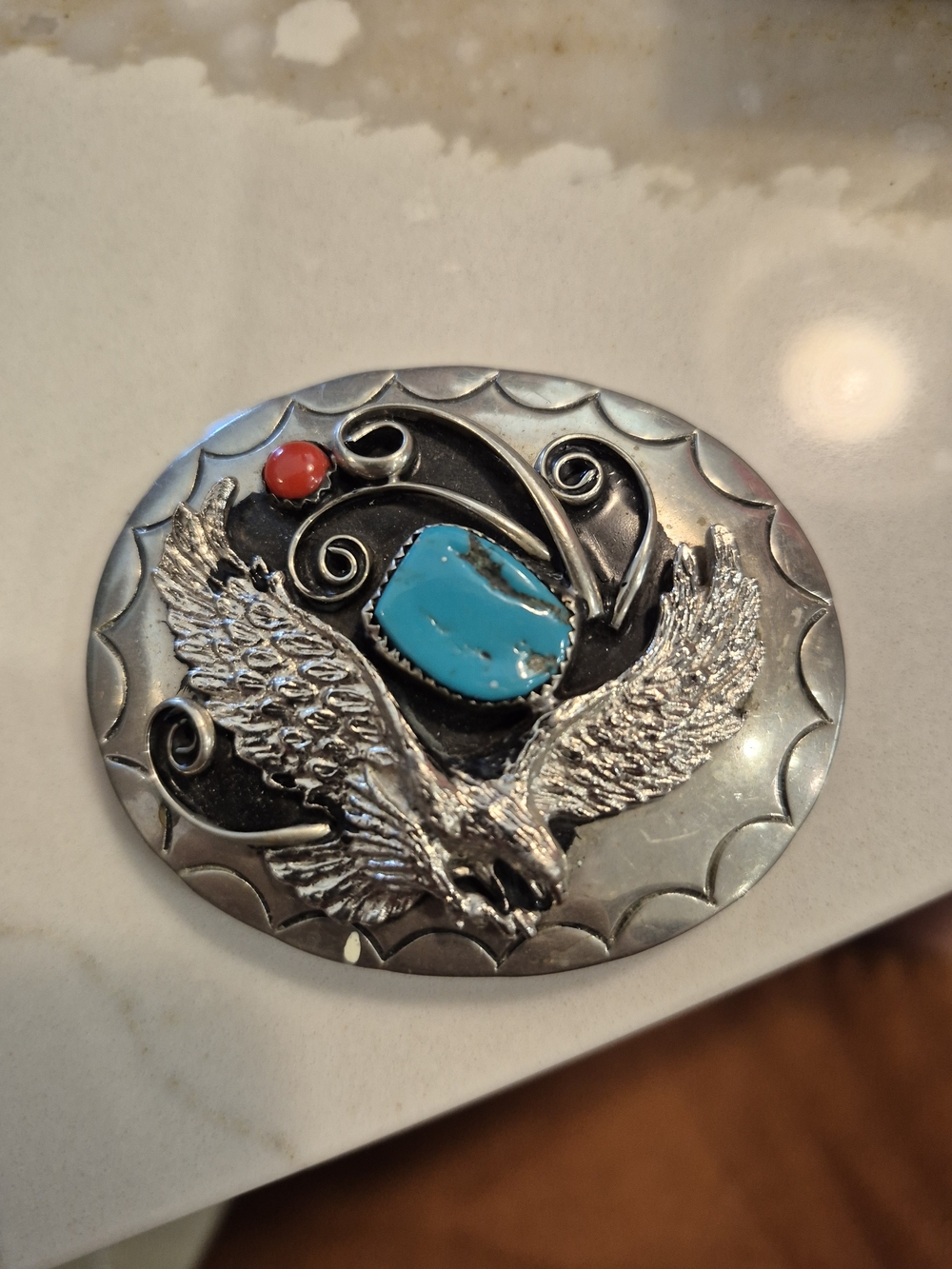 Silver Eagle Turquoise & Coral Oval Belt Buckle